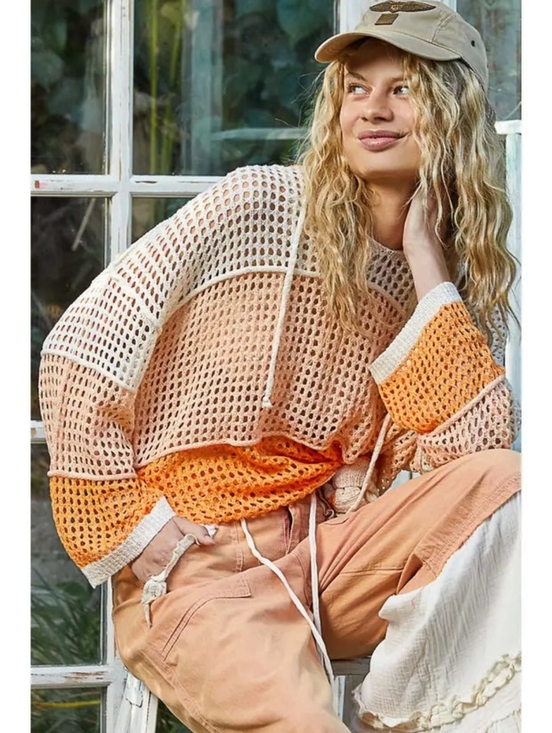 POL Sweaters - POL Oversized Open Knit Hooded Sweater Small Colorblock Boho Beach Cover Up Top